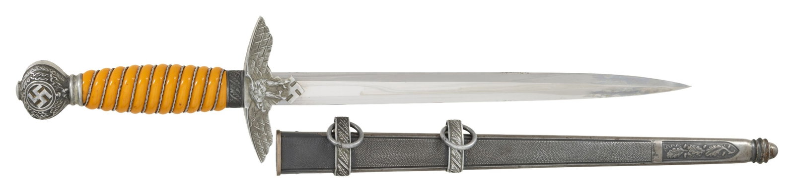 WWII GERMAN 2ND MODEL LUFTWAFFE DAGGER BY SMF WITH: EAGLE / 5 ACCEPTANCE PROOF AND INITIALS. Stocker & Co (SMF) originally mfg household nickel silver goods prior to the 1930's and later shifted their focus to the dagger and knife production as the war
