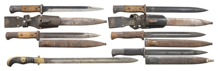 5 GERMAN MAUSER K-98 BAYONETS AND A CUT DOWN