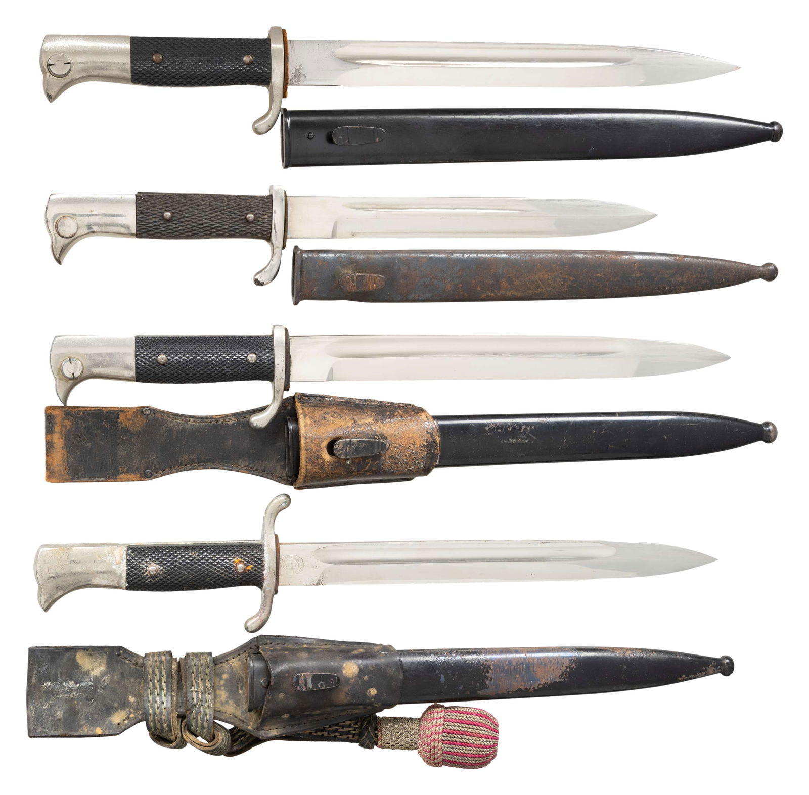 4 WWII GERMAN DRESS BAYONETS.: This lot contains 2 German Army long pattern dress bayonets with scabbards. One scabbard has a frog. / 1 German Army short pattern dress bayonet in a rough long pattern scabbard. / 1 German Fire Servi
