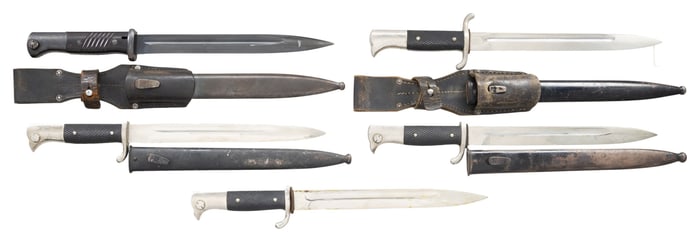 LOT OF 5 PRIMARILY GERMAN WWII DRESS BAYONETS.