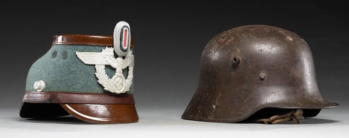 WWI GERMAN HELMET & WWII GERMAN POLICE SHAKO.
