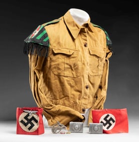 WWII GERMAN HJ UNIFORM, ARMBANDS, BADGE & MORE.