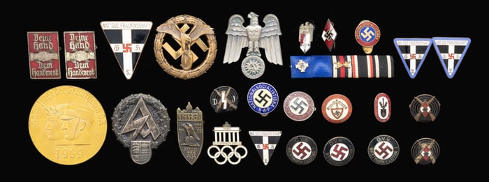 WWII GERMAN ENAMELED PINS, MEDALS, AND MORE.