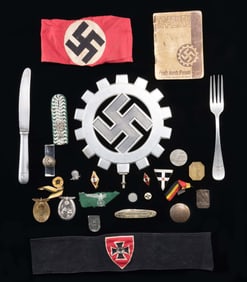 WWII GERMAN PINS, TINNIES, ARMBANDS, RING & MORE.