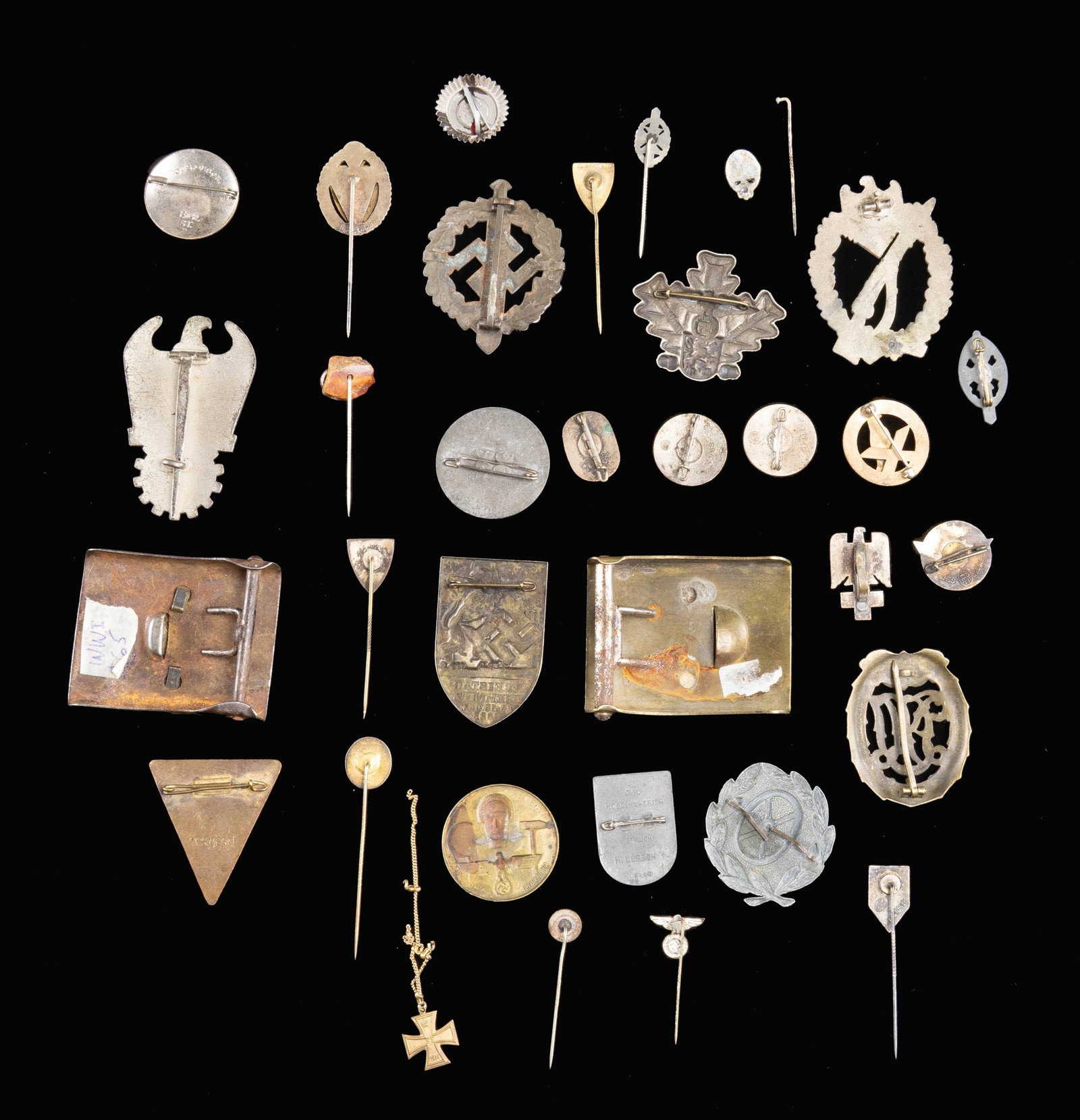 WWII GERMAN BADGES, BUCKLES, STICKPINS & MORE.: This WWII German lot includes 1 Infantry Assault badge missing its pin. / 1 Organization Todt members badge in silver with a wide pin on the reverse. / 1 SA Sports Badge. / 1 DRL Sports Badge. / 1 Dri