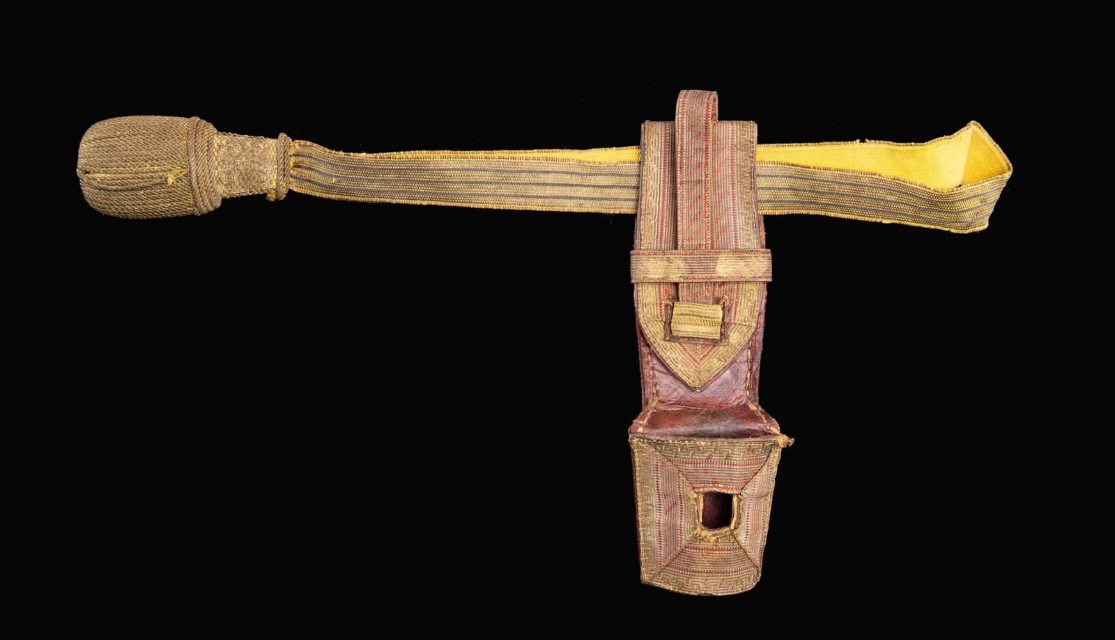 EUROPEAN FROG AND SWORD KNOT.: A nice red leather and bullion tape bayonet or sword frog with a cloth and bullion tape sword knot with 3 black stripes on the strap. CONDITION: both piece are a bit worn and dirty but solid. Some sea