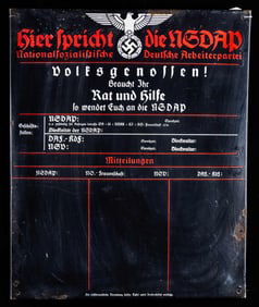 LARGE WWII GERMAN NSDAP ENAMEL NOTIFICATION SIGN.