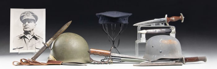 WWII GERMAN DAGGER, HELMET, US HELMET, AND MORE.