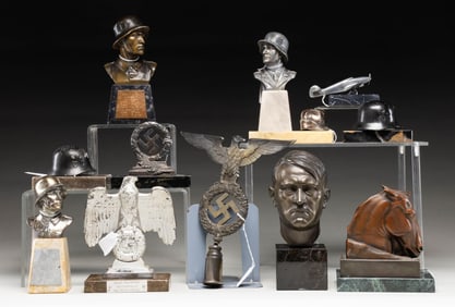 11 WWII GERMAN STATUETTES, DESK ORNAMENTS, & FLAG