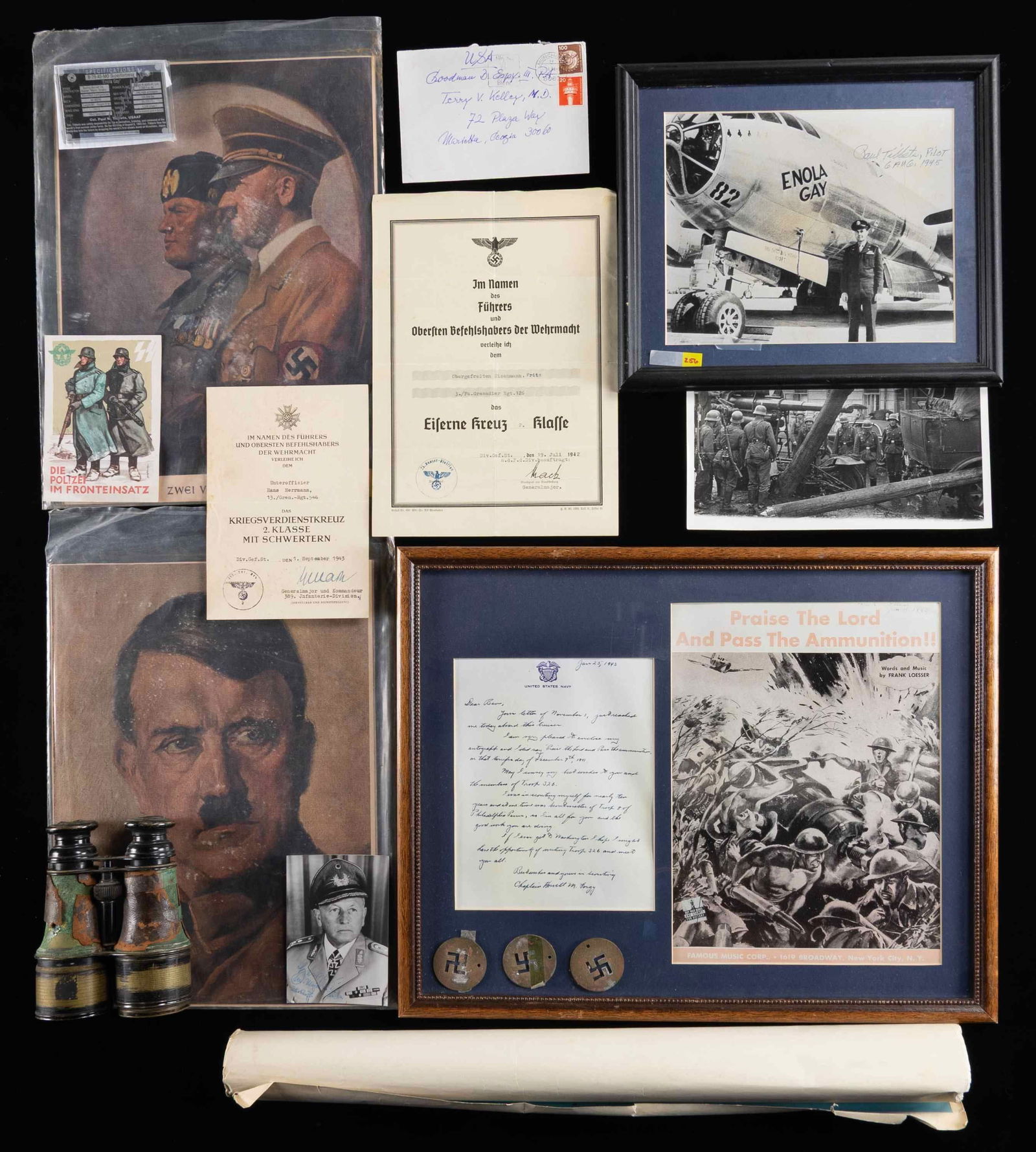 WWII GERMAN AND US EPHEMERA.: This lot contains 2 anti Jewish leaflets. / 1 Signed photo postcard of West German Knights Cross winner. / 1 SS Police postcard. / 1 Award document for WWII 2nd Class Iron Cross. / 3 Fantasy Hitler to