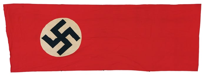WWII GERMAN BANNER, FLAG, AN ARMBAND, AND A CAP