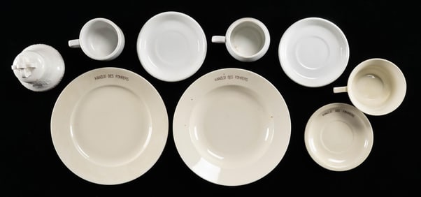 WWII GERMAN PLATE, BOWL, CUPS, SAUCERS & BELL.