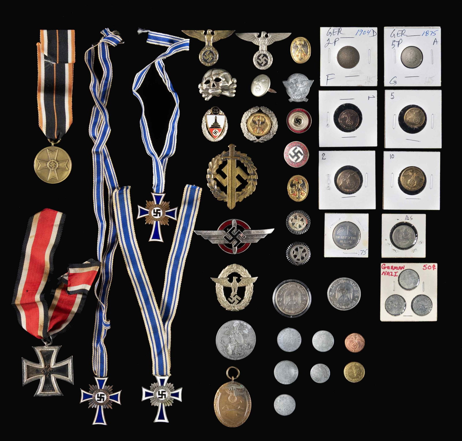 WWII GERMAN MEDALS, BADGES, PINS, COINS & MORE.: This lot includes 1 Silver Mother's Cross with ribbon. / 2 Bronze Mother's crosses with ribbons. / 2 Silver 5 mark 1934 coins. / 5 Brass coins from 1937-39. / 8 Zinc coins. / 2 pre-WWI pfennig coins.
