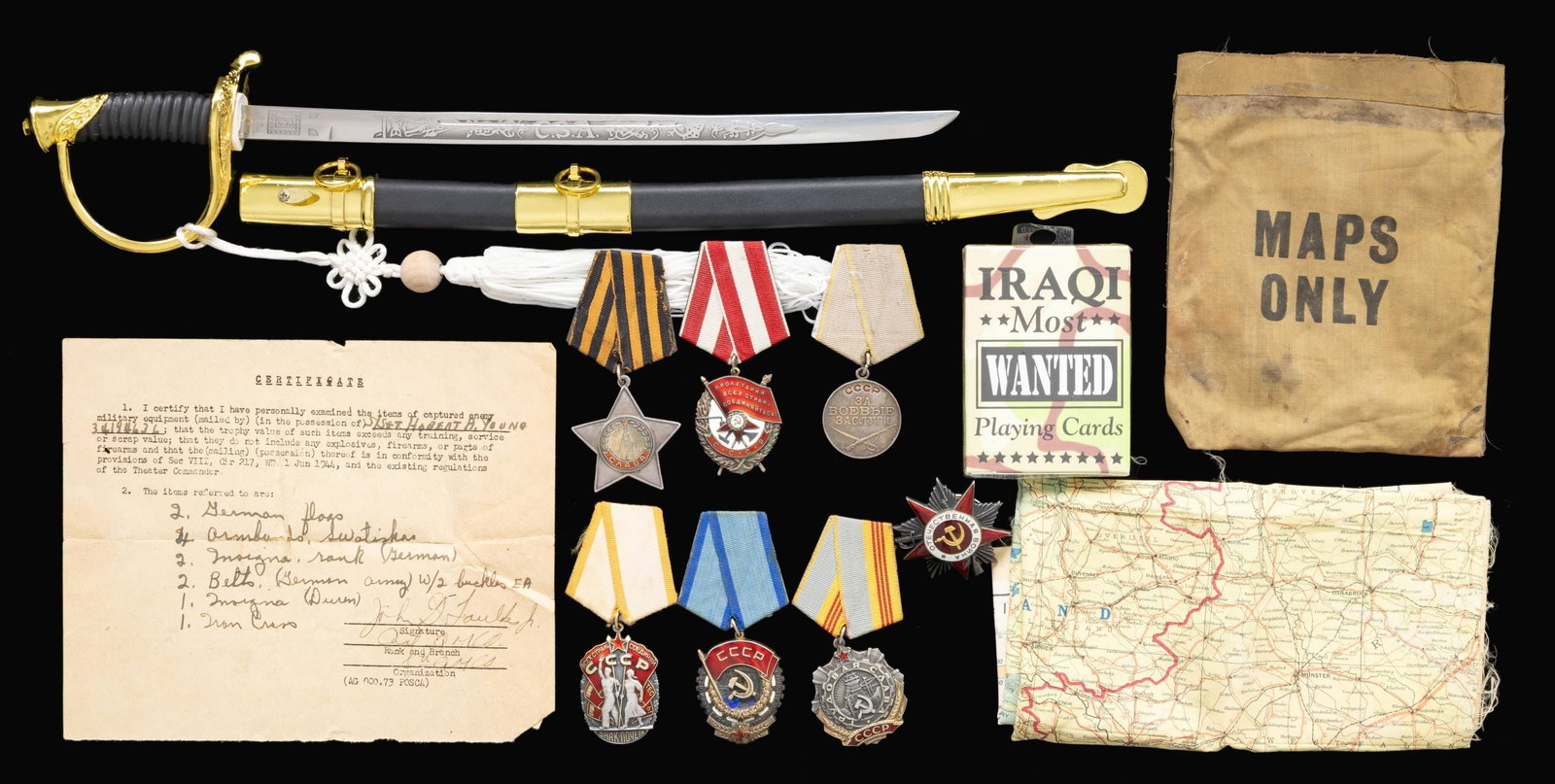 RUSSIAN MEDALS AND US MILITARIA.: This varied lot includes 1 Russian Medal for Courage with ribbon #633550. / 1 Russian order of the Red Banner with ribbon. / 1 Russian Order of Glory medal with ribbon #36705. / 1 Russian Order of the
