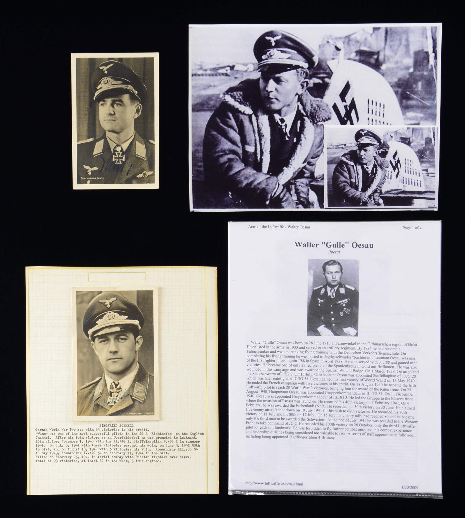2 WWII GERMAN LUFTWAFFE PHOTOGRAPHIC POSTCARDS & 1: POST WWII PHOTOGRAPH OF A PILOT STANDING NEXT TO HIS ME-109G. 1) SCHNELL. A photographic postcard showing a mid-chest-up view of WWII German Luftwaffe pilot Siegfried Schnell, signed in blue ink. Schn