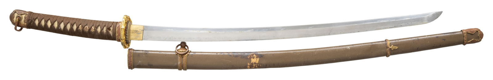 WWII JAPANESE SHIN GUNTO KATANA: A nice shin-gunto katana measuring 40 1/2" overall with a 25 3/4" blade. Blade has a irregular hamon and a gilded copper habaki. The nakago has a single mekugi-ana and an 6 character signature on one