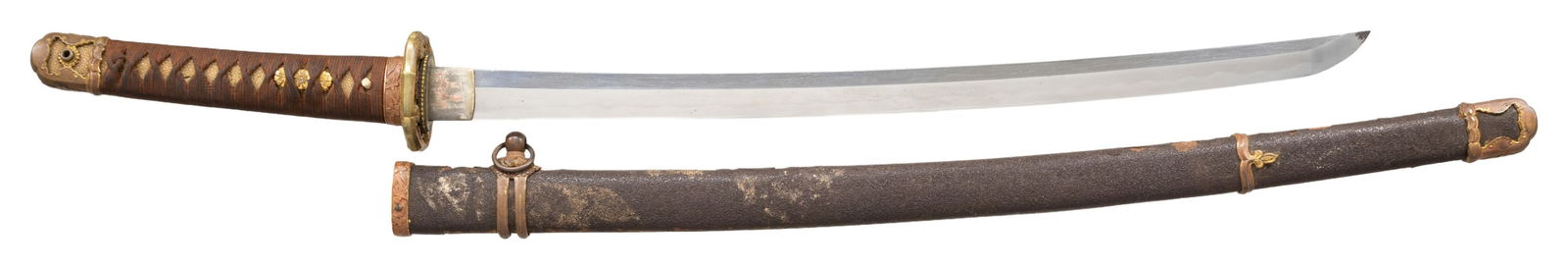 JAPANESE SHIN-GUNTO WAKIZASHI: A nice shin-gunto wakizashi measuring 36 1/2" overall with a 21 1/2" blade. Blade has a wavy hamon and a gilded copper habaki. The nakago has a single mekugi-ana and an 8 character signature on one si