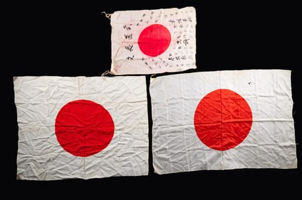 3 WWII JAPANESE HINOMARU SILK FLAGS.