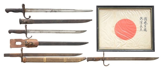 WW2 JAPANESE PRAYER FLAG & 4 BAYONETS.