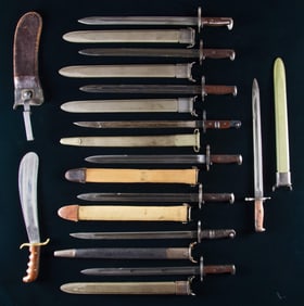 LOT OF 9 U.S. BAYONETS WITH BAYONETS & BOLO KNIFE.