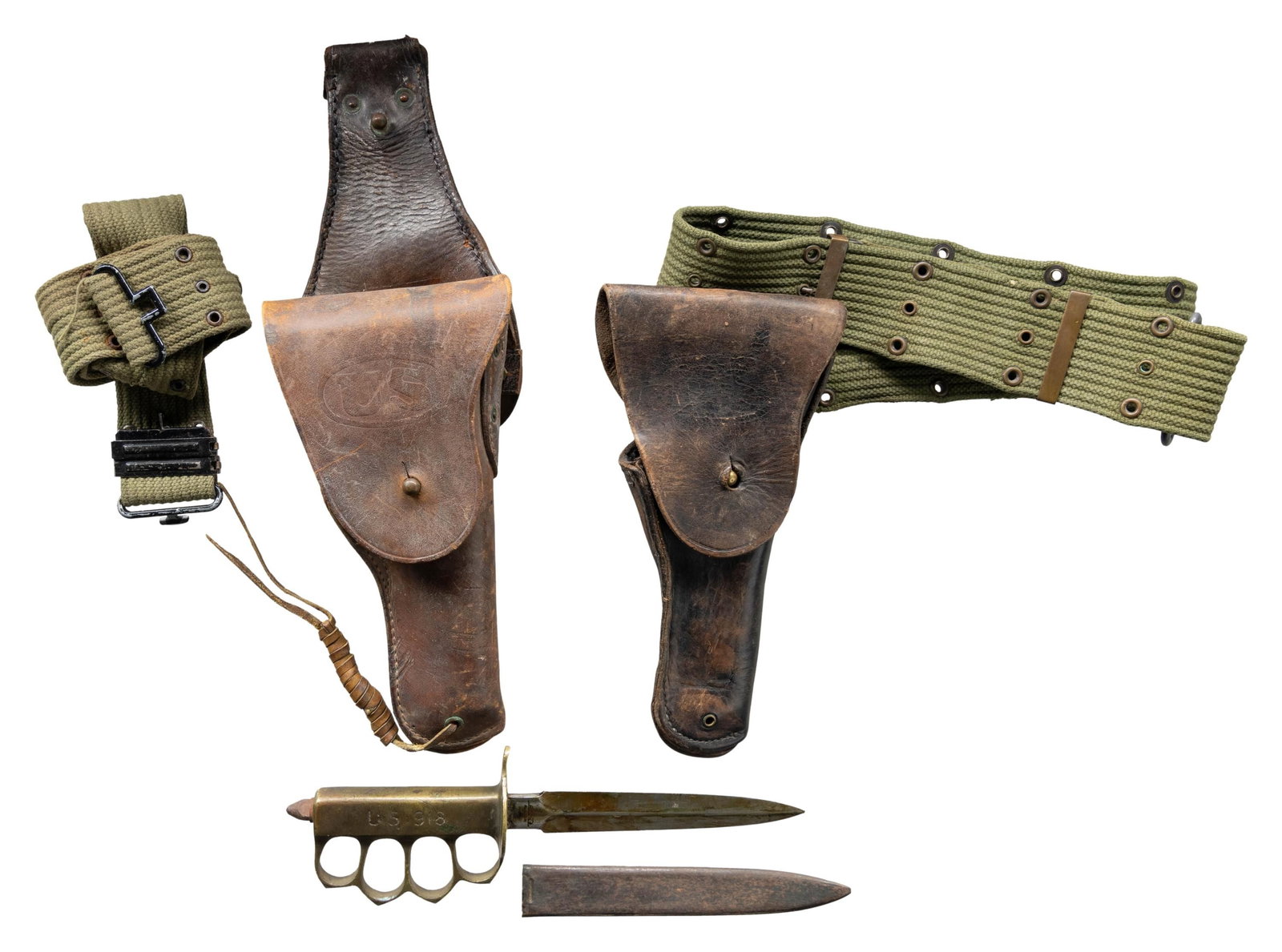 WWI US TRENCH KNIFE AND 2 M1911 HOLSTERS & BELTS.: This lot includes the following, 1) fine WWI US M1918 trench knife and scabbard measuring 12 1/4" inches overall with a 7 5/8" blade marked " (logo) AU LION ". The sold brass hilt is marked " U S 1918
