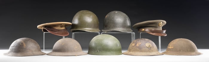 AMERICAN HELMETS, HATS AND A BRITISH HELMET.
