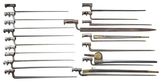 INTERESTING GROUPING OF 17 SOCKET BAYONETS.
