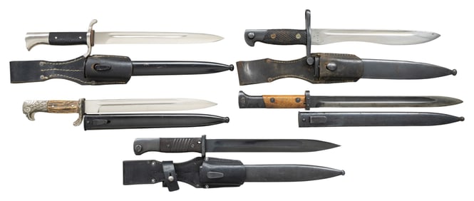 5 WWII GERMAN AND OTHER EUROPEAN BAYONETS.