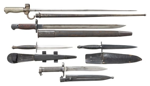 LOT OF 3 FOREIGN BAYONETS & 2 FIGHTING KNIVES.