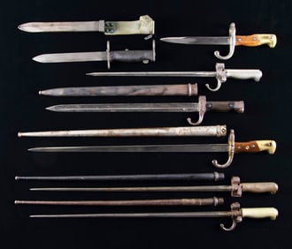 SIX FRENCH BAYONETS AND ONE TRENCH KNIFE.