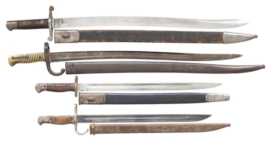 LOT OF 4 FOREIGN BAYONETS & EDGED WEAPONS.