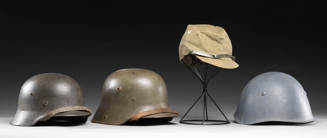 2 GERMAN HELMETS, ITALIAN HELMET & JAPANESE CAP.