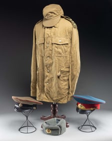 3 RUSSIAN MILITARY HATS, UNIFORM, AND BAYONET.