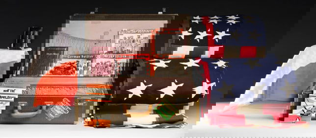 TRAVEL TRUNK WITH ASSORTED WWII MILITARIA.