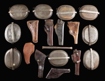 US WWI MESS KITS, LEAHTER HOLSTERS & A ROCK DRILL.