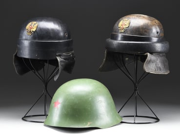 2 SPANISH MOTORCYCLE/TANKER HELMETS & 1 SERBIAN