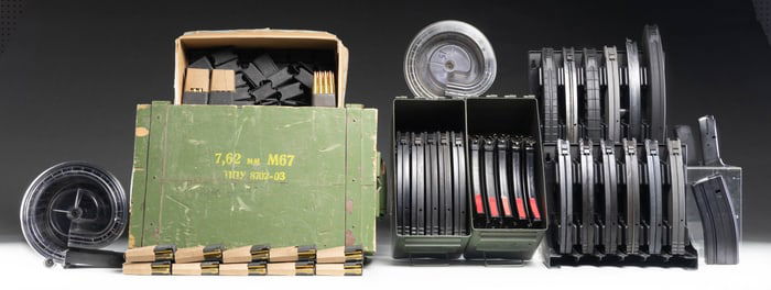 LOT OF ASSORTED MAGAZINES, M1 GARAND ENBLOCS, &