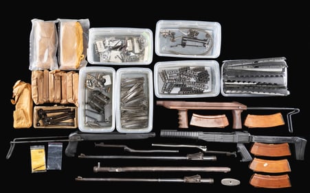 GROUPING OF MILITARY GUN PARTS, STOCKS, CLIPS AND