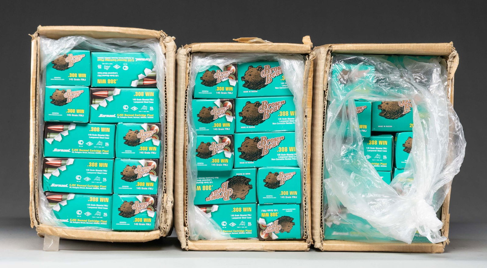 1,480 RDS. BROWN BEAR 308 WIN AMMO.: 74 Boxes of 145 gr. bimetal FMJ lacquered case. CONDITION: Boxes in very good condition. Ammo mostly in original packaging; visible examples appear serviceable. (02-25027-3/MD). $500-1,000.