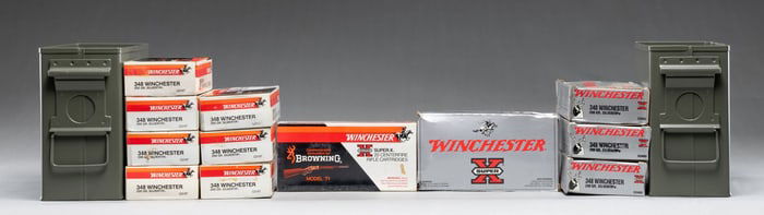 12 BOXES OF WINCHESTER 348 WINCHESTER AMMO.