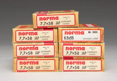 LOT OF 7.7 JAP & 6.5 SWEDE UNPRIMED NORMA BRASS.