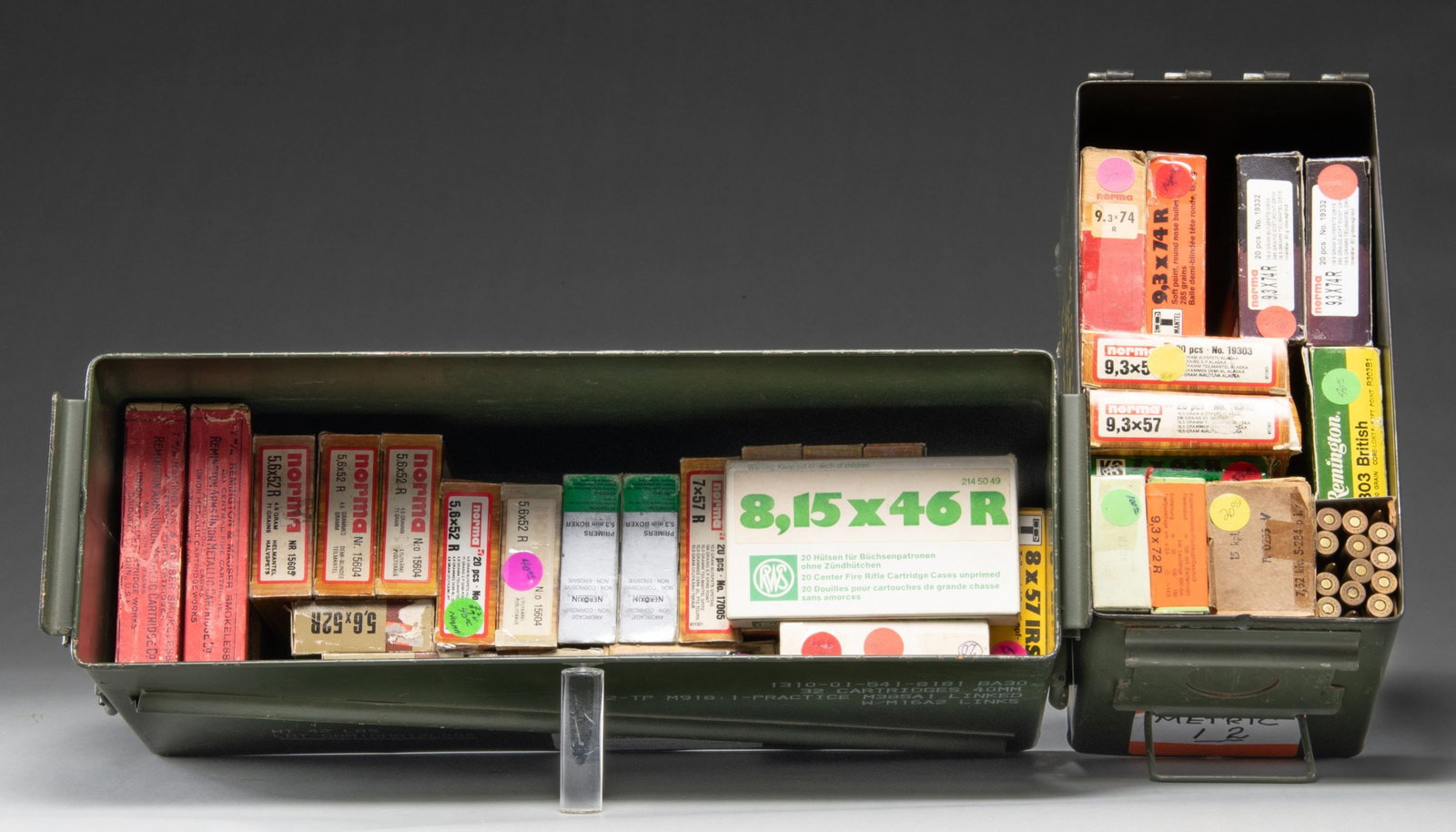 EUROPEAN RIFLE AMMO - MOSTLY RIMMED CALIBERS.: All good serviceable ammo unless noted. In 20 round boxes unless noted. Rimless ammo listed last. Partial boxes have count listed within parenthesis. Includes 1 GI style 50 cal. can and 1 double latch