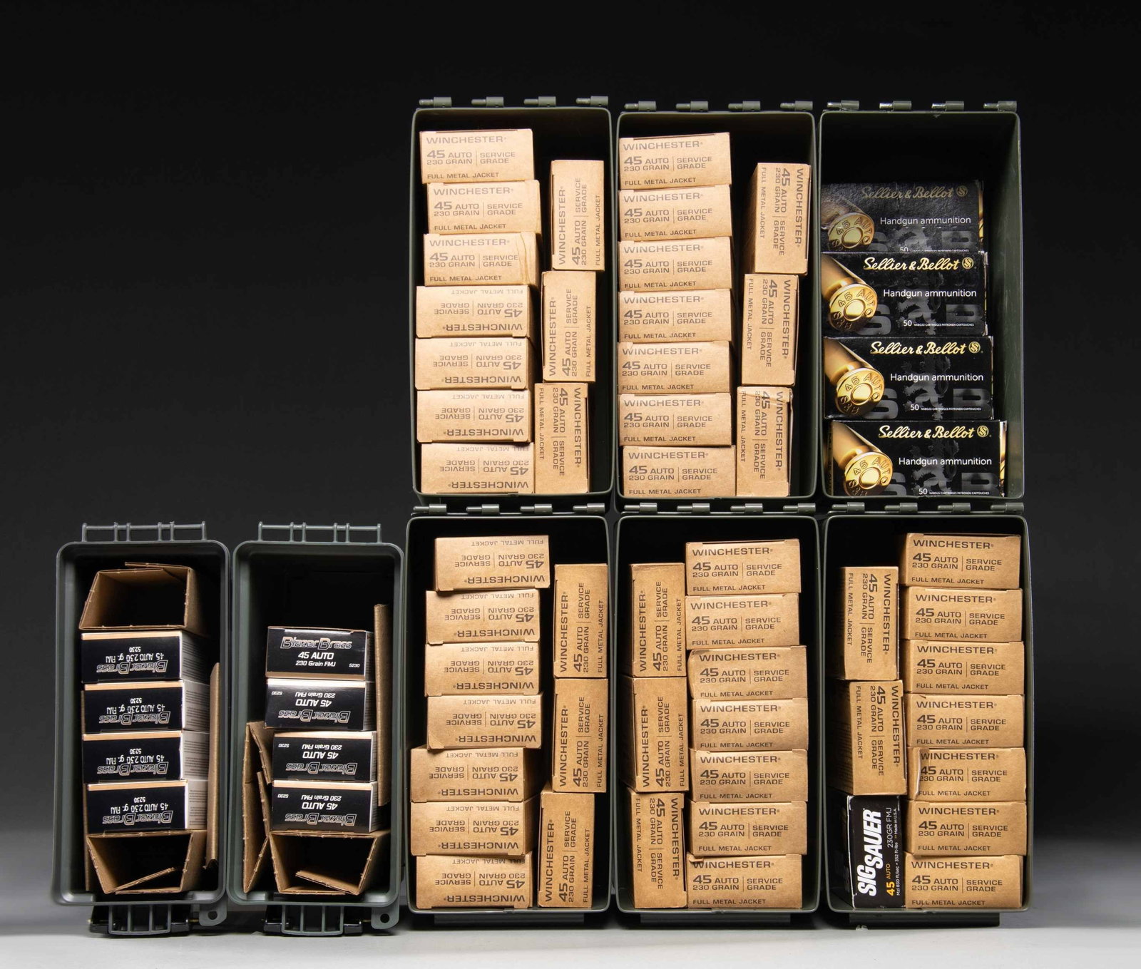 3,400 RDS. OF 45 ACP AMMO WITH 230 GR. FMJ: BULLETS. All of recent manufacture with 230 grain Full Metal Jacketed bullets in 50 round boxes. Includes 6 GI style 50 cal. ammo cans plus 2 plastic ammo boxes with hinged tops. 49 boxes of Wincheste