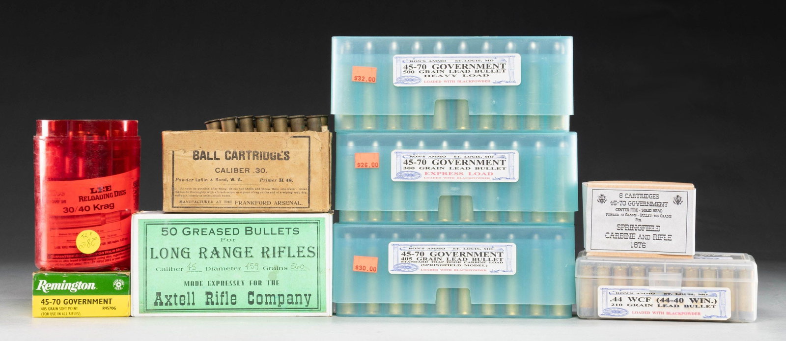 VARIED AMMO & RELOADING DIE LOT.: This lot consists of the following items: 1) 60 rds. of varied weight Ron's Ammo 45-70 lead bullet ammo. 2) 13 rds. of Frankford Arsenal 30-40 Krag ammo with bottom half of USGI box. 3) 50 rd. box of 