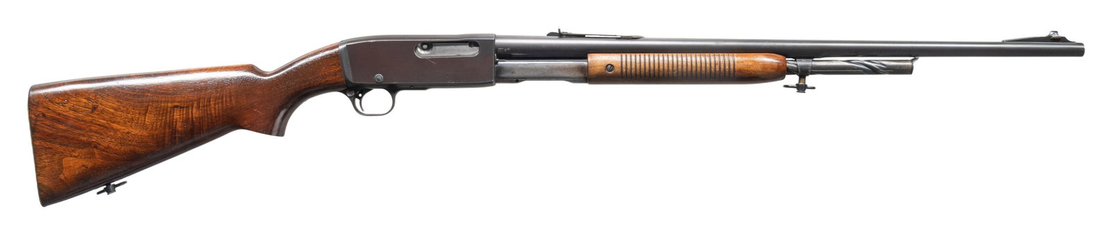 35 REM. REMINGTON MODEL 141 THE GAMEMASTER PUMP: RIFLE. Cal. 35 Rem. S# 22591. Mfg. 1938. Bbl. 24". Sporting sights. Tubular mag. Walnut stock set w/ grooved forearm, pistol grip buttstock w/ checked aluminum buttplate. Added sling swivels to toelin
