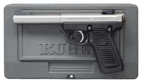 BOXED RUGER 22/45 TARGET SEMI-AUTO PISTOL.