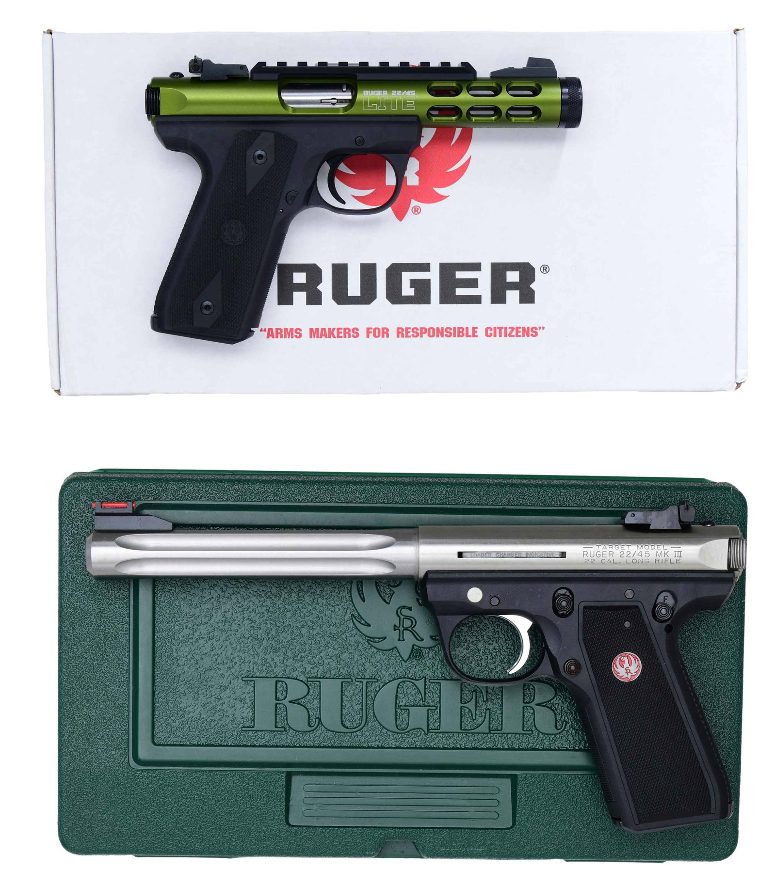 2 RUGER MARK III 22/45 SEMI AUTO PISTOLS WITH: WITH MATCHING FACTORY BOXES. ALL: cal. 22 LR. Black polymer frames. 1) 22/45 LITE. S# 391-32450. Mfg. 2015 as Model 03912 & Catalog No. P45MK3ALRPOVU-OD. Green Anodized finish with 4.5" barrel. Blade