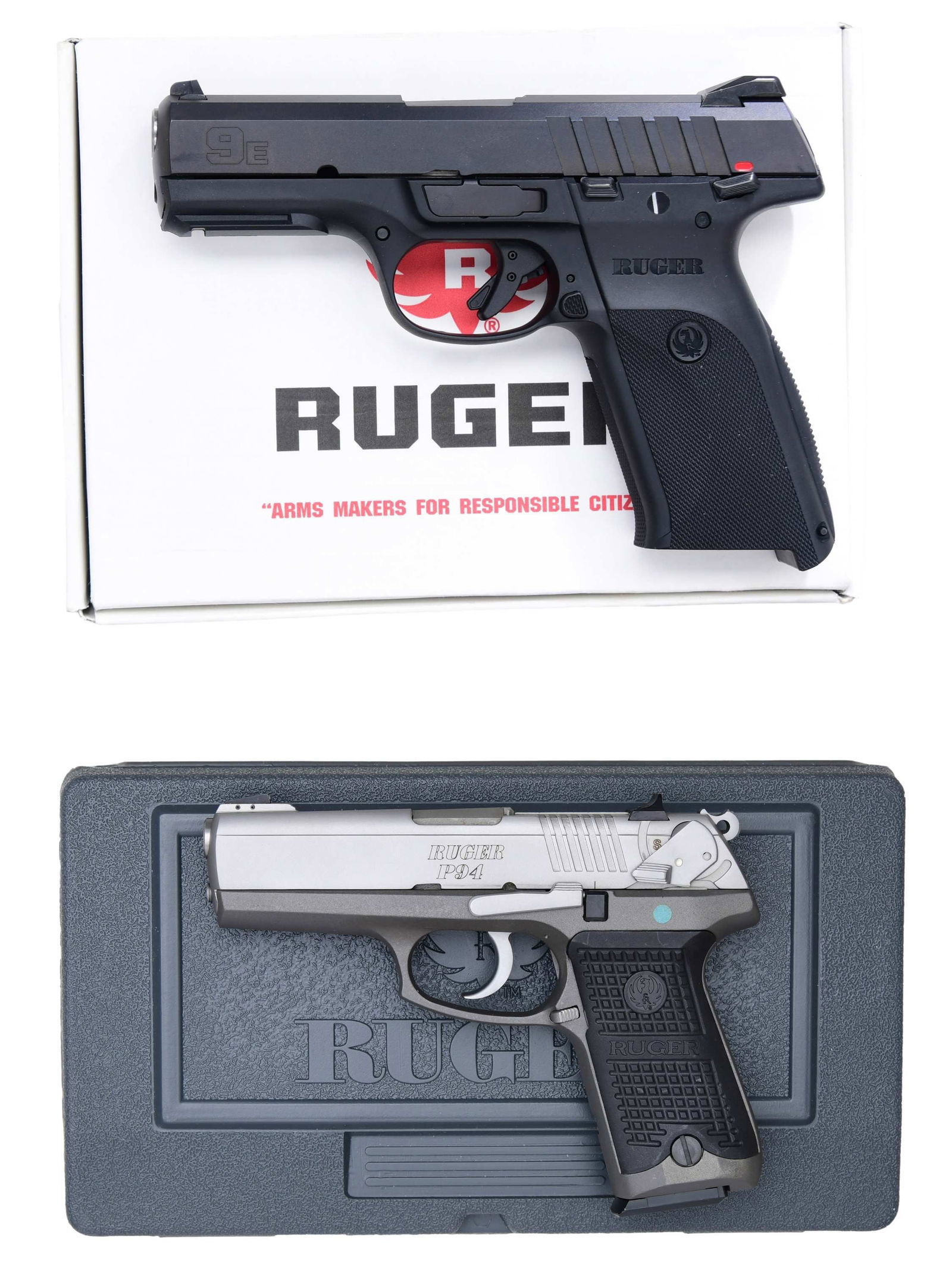 RUGER 9E & P94 SEMI AUTO PISTOLS.: 1) MODEL 9E WITH MATCHING BOX. Cal. 9x19 S# 335-46807. Mfg. 2014 as Model: 03340. Black finish w/ fixed sights & textured polymer grips. Bbl. 4". MAGS: NONE. UNATTACHED ACCESSORIES: Factory box and in