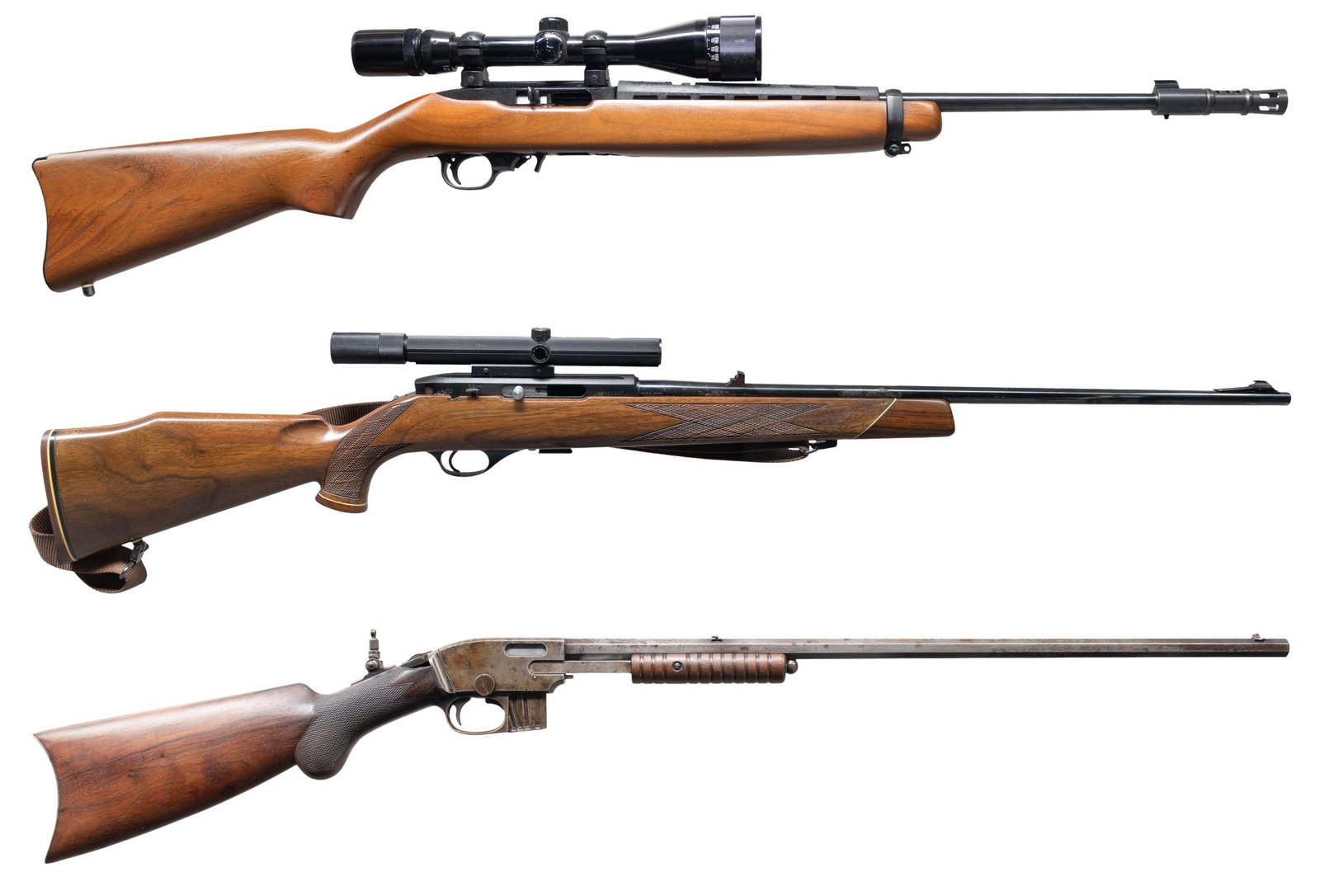 RUGER, WEATHERBY & SAVAGE RIMFIRE RIFLES.: 1) RUGER 10/22 SEMI AUTO CARBINE. Cal. 22 LR. S# 114-99119. Bbl. 18" with added flash hider & composite handguard. Standard iron sights. Bushnell Sportview 4-12x duplex, AO scope on Weaver style rings