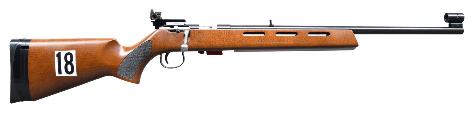 ANSCHUTZ ACHIEVER BOLT ACTION JUNIOR TARGET RIFLE.: Cal. 22 LR. S# 1320315. Bbl. 19 1/2' (codes 1987) with globe front target sight allowing interchangeable disks; installed by clamping onto its machined grooves on barrel. Rear folding leaf barrel sigh